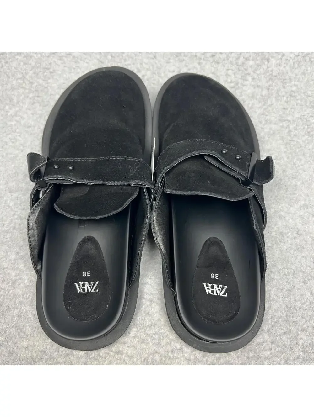 Zara Womens Suede Leather Slip On Clogs Buckled 38 Eur/ 7 US Black Minimalist